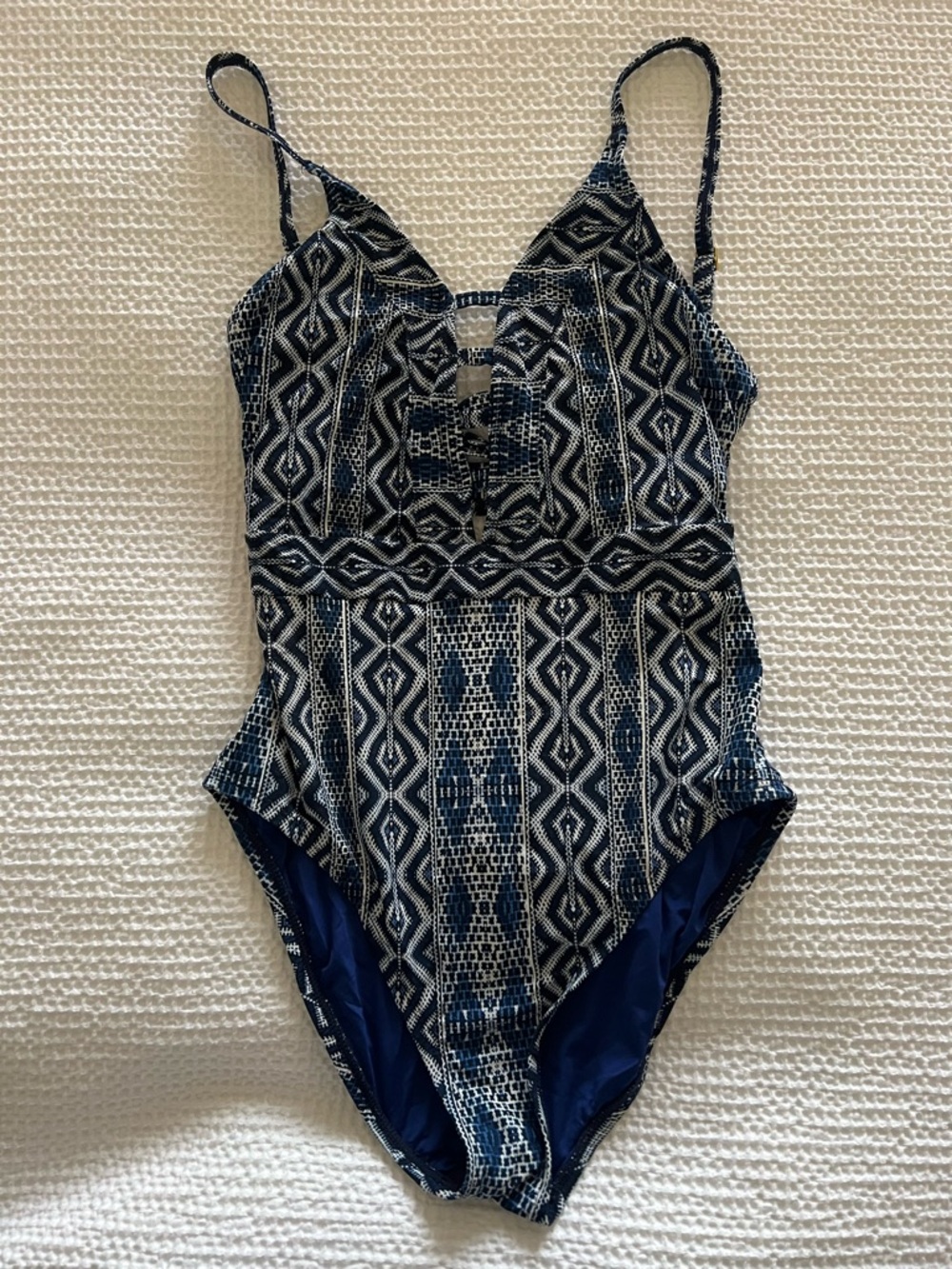 Navy Patterned One-Piece Swimsuit with Lace-Up Front
